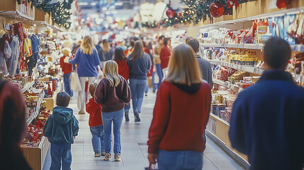 Fototapeta premium • Families with children shopping in a crowded department store during holiday sales, with decorated aisles and discounted products on display 