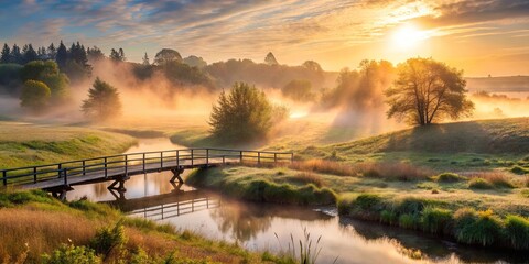 Serene Golden Mist Illuminates a Tranquil Stream, Embraced by a Rustic Wooden Bridge, as the Sun Rises Over a Verdant Meadow