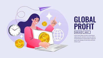 A woman happily earns global profit from a laptop, a vector illustration of online business, digital commerce, and financial success through technology and a worldwide approach.