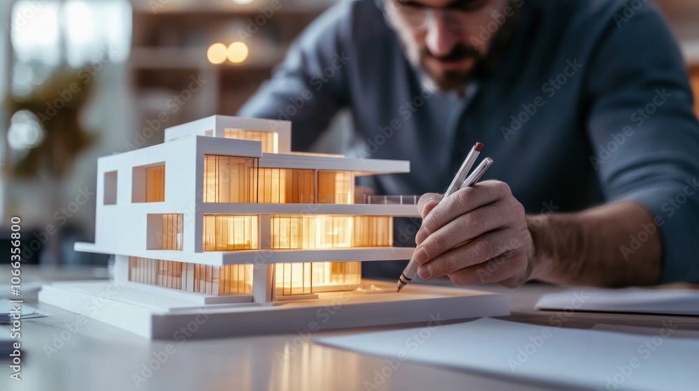 Poster an architect working on a detailed building model with illuminated features.