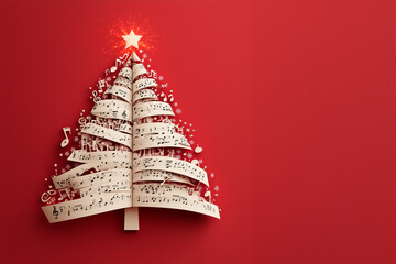 **A beautiful 3D Christmas tree crafted entirely from musical notes, each note contributing to the elegant tree shape. At the top, a radiant, glowing star red banner/design/flyer/web