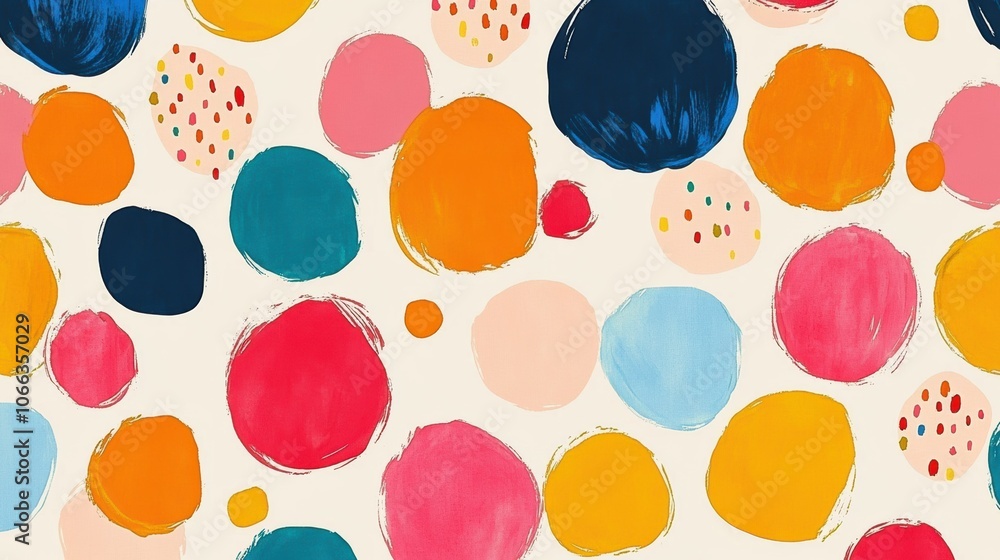 Poster a vibrant and playful polka dot pattern, with large multicolored dots on a white background