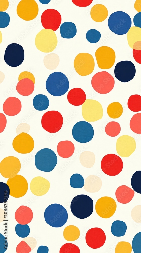 Poster a vibrant and playful polka dot pattern, with large multicolored dots on a white background