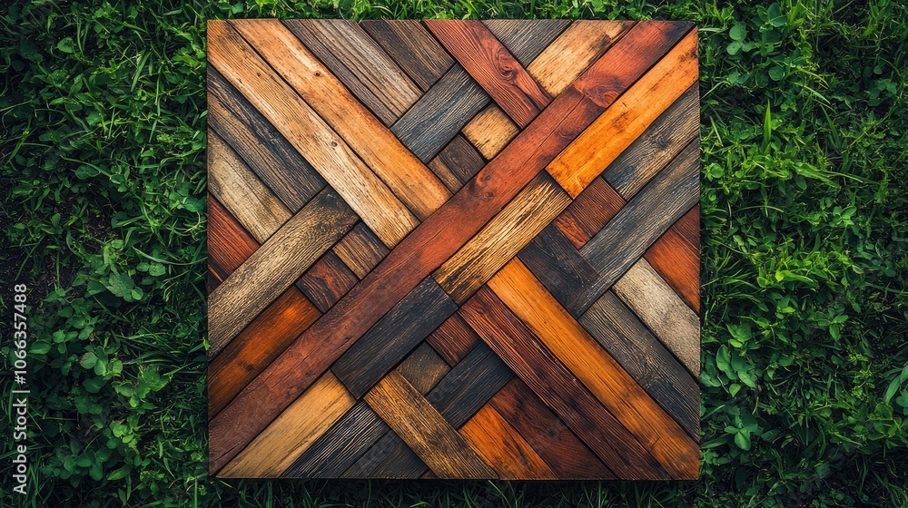 Wall mural A square wooden panel with a criss-cross pattern made of various colored wood planks is set on a green grassy surface.