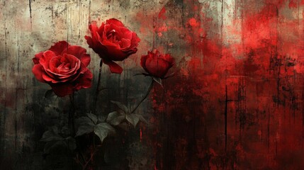 Three Red Roses Against a Grungy, Blood-Stained Background