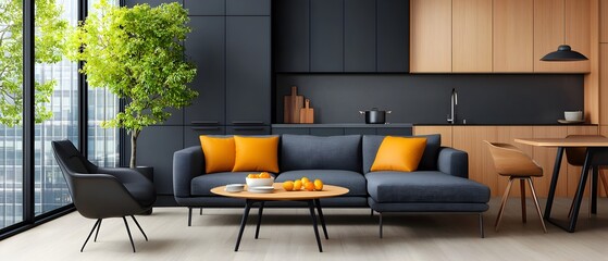 Cozy and Functional Contemporary Studio Design with Comfortable Sofa Dining Table and Modern Kitchen Appliances in a Bright and Airy Space