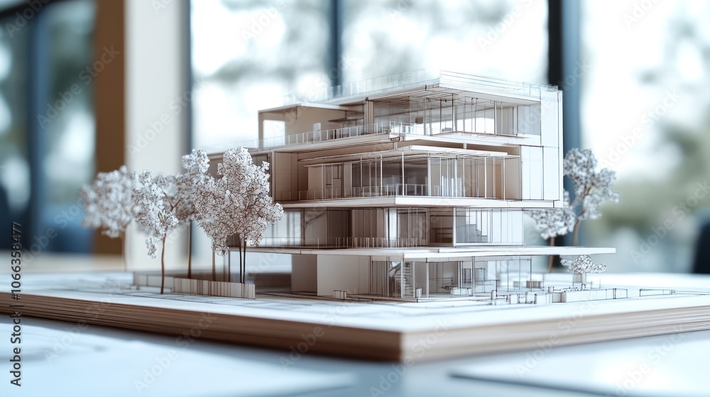 Poster a detailed architectural model showcasing a modern building design with surrounding trees.
