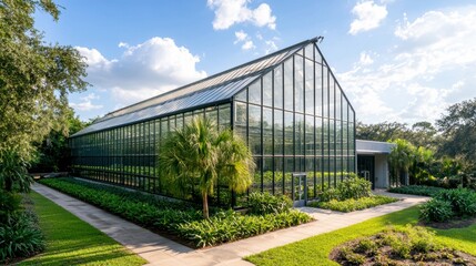 Naklejka premium Modern greenhouse with glass structure surrounded by lush greenery under a bright sky.