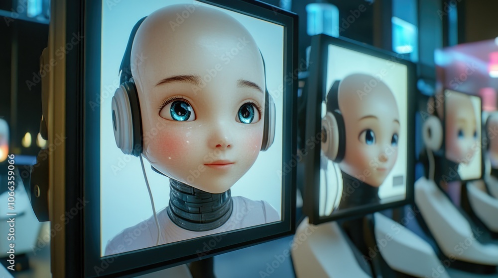 Poster robots featuring human like faces collaborating in an office setting a collection of deepfake imager