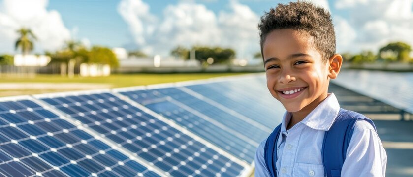 A smiling boy in front of solar panels, showcasing renewable energy and a bright future.