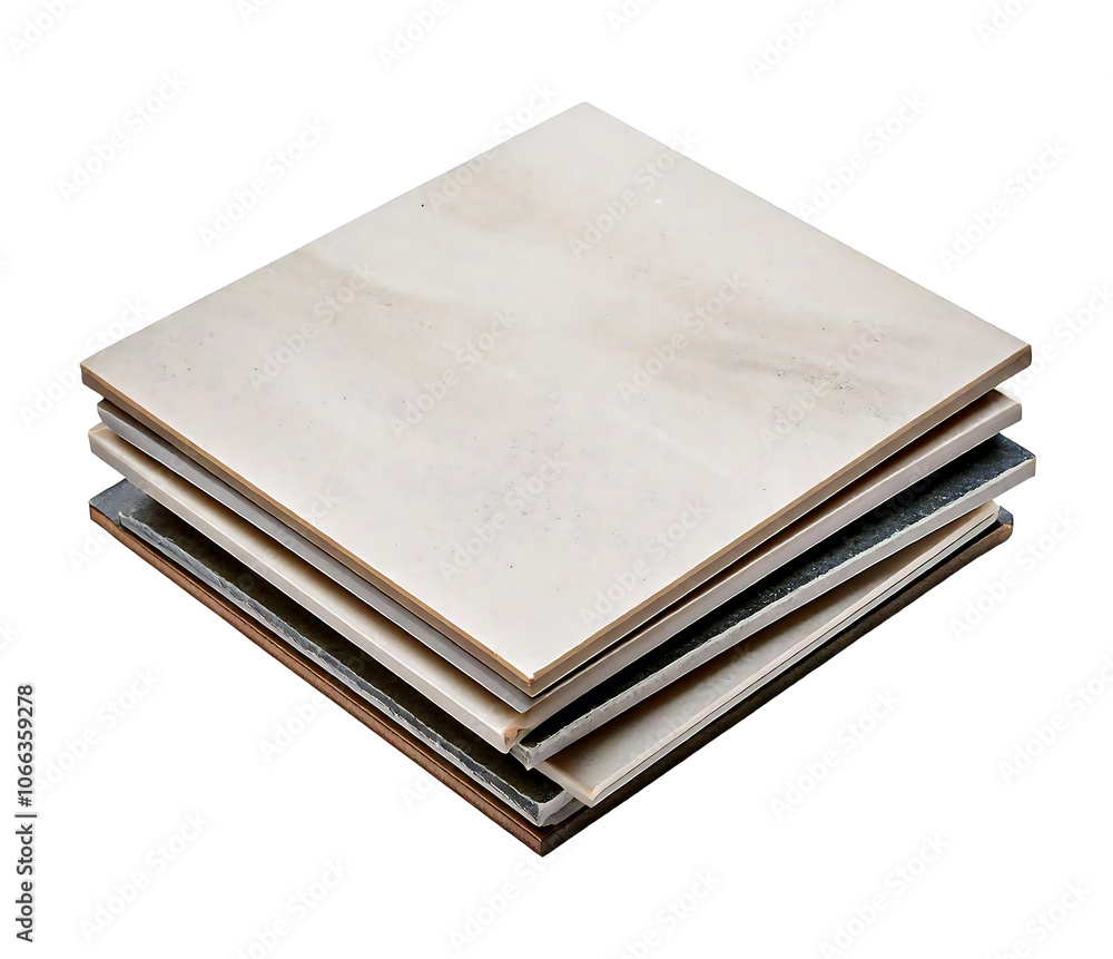 Poster a stack of ceramic tiles neatly arranged, isolated on a white background, with clean edges and a sub