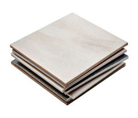 A stack of ceramic tiles neatly arranged, isolated on a white background, with clean edges and a subtle shadow for a realistic cutout effect. PNG file with a transparent background