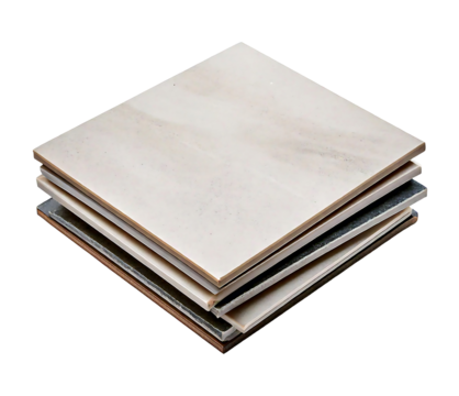 A stack of ceramic tiles neatly arranged, isolated on a white background, with clean edges and a subtle shadow for a realistic cutout effect. PNG file with a transparent background