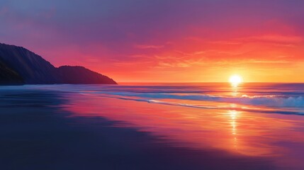 Serene beach landscape featuring a vibrant sunset in the background