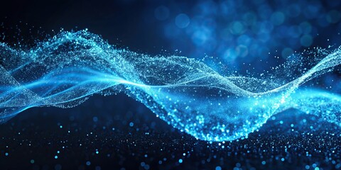 Abstract blue particle wave with flowing particles of light