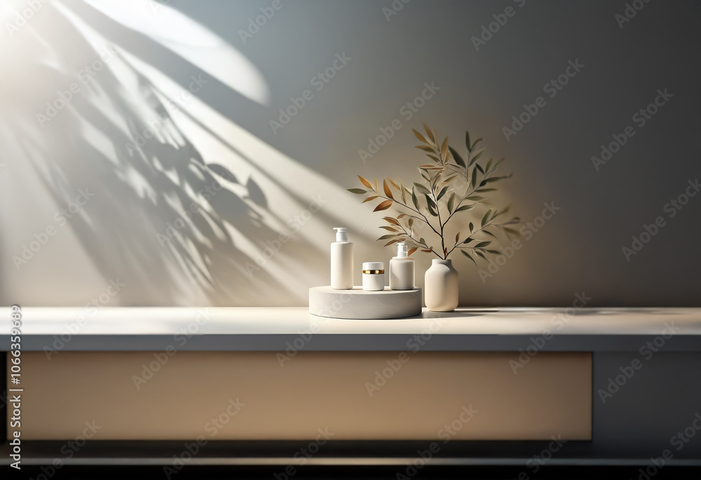 Poster a minimalist shelf with white bottles and a decorative branch with leaves against a white wall with 