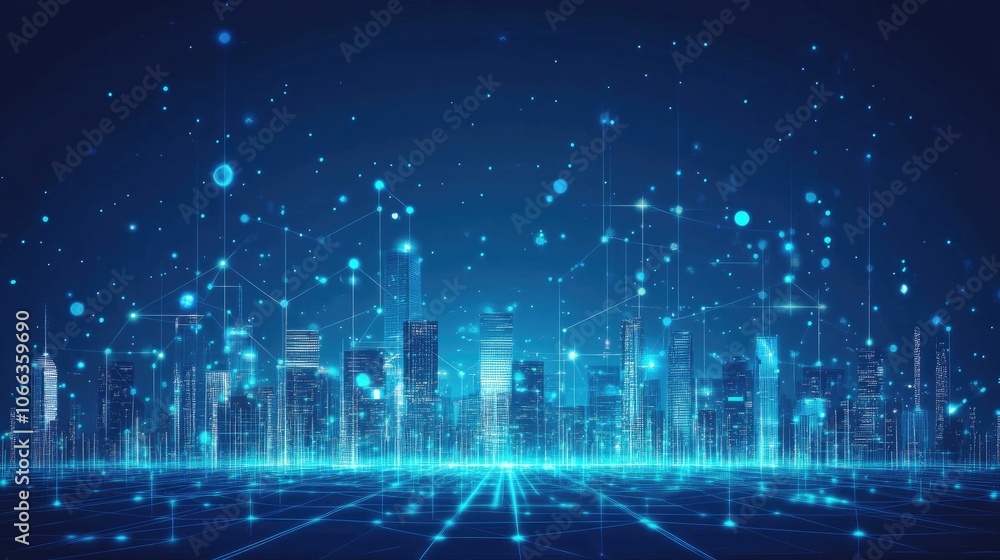 Poster smart city connected by gradient grid lines symbolizing internet of things and metaverse technology 