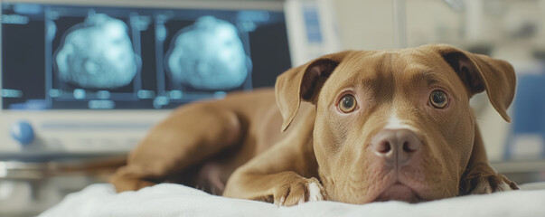 concerned dog lying on veterinary examination table with ultrasound images in background, showcasing medical check up