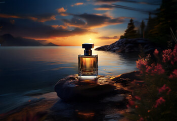A glass bottle of perfume rests on a smooth, grey rock on a beach, the sunset behind it casting an orange glow over the water and mountains in the background.