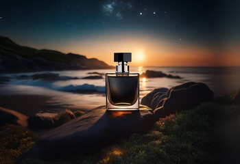 A bottle of perfume sits on a rocky beach at sunset, the ocean stretching out behind it.