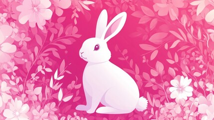 Obraz premium White Rabbit Sitting in a Pink Floral Garden