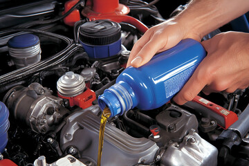 Mechanic pouring motor oil into car engine, close-up on hands, workshop setting