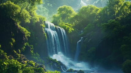 Scenic view of a waterfall amidst lush greenery in a beautiful landscape