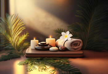 A spa treatment tray with candles, stones, a towel, and a flower, set against a backdrop of lush green foliage and warm, natural light.