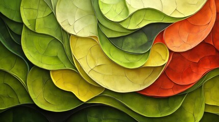 Fototapeta premium Abstract Art of Intertwined Green, Yellow, and Red Leaves