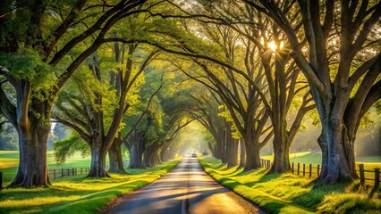Obraz premium A Sunlit Path Through a Canopy of Leafy Trees, a Gentle Breeze Whispers Through the Branches Casting Long Shadows on the Road Ahead