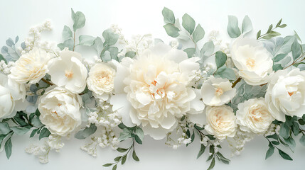 Watercolor white flowers arrangement. Floral bouquet of creamy peony, ivory rose, sage green foliage,  greenery and eucalyptus leaves.  Hand painted illustration for wedding invitation, background 