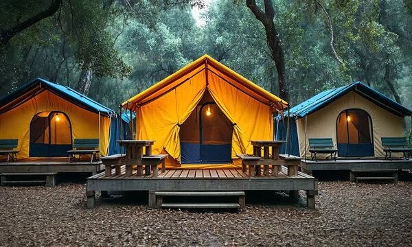 Colorful glamping tents nestled in a serene forest setting.