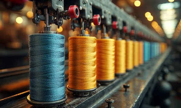 Colorful spools of thread in a textile manufacturing setting.