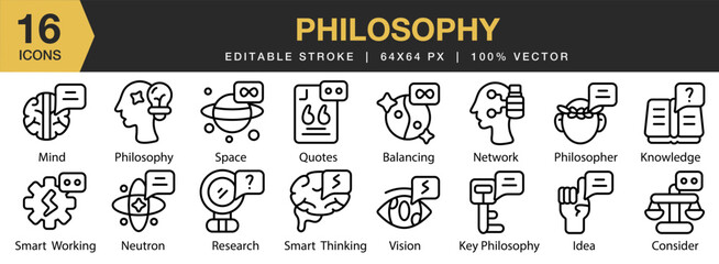 Philosophy icon set. Editable Stroke Icon Collection. Includes balancing, consider, idea, knowledge, mind, network, and More. Outline icons vector collection.