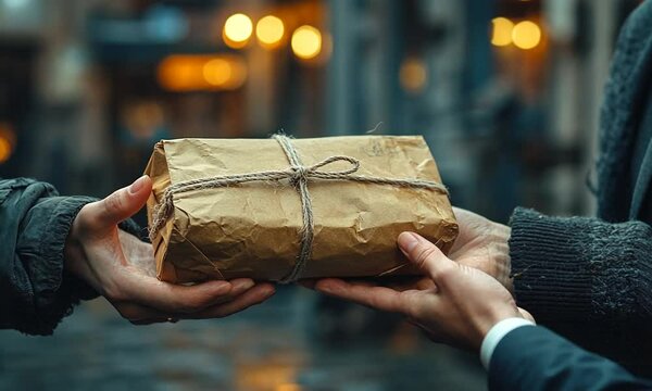 Two hands exchanging a wrapped package in a dimly lit setting.