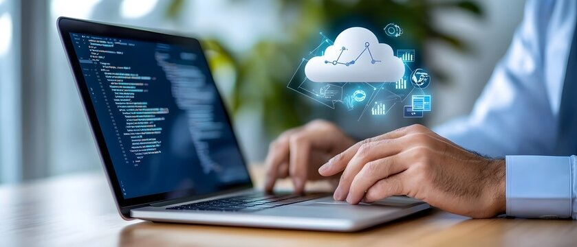 Digital tools and cloud interface empowering small and medium enterprises SMEs with financial analytics icons and data driven insights to support growth and strategy