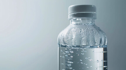 Clean modern water bottle with safety cap and half-filled with clear water on white background, symbolizing hydration and drinking safety, ample copy space for text overlay.