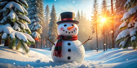 Obraz premium A cheerful snowman with a black top hat and red scarf stands in a snowy forest with the sun shining through the trees.