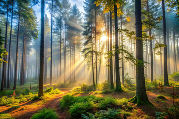 Naklejka premium Foggy forest in early morning light