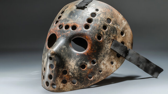Jason's hockey mask is damaged, cut by a chainsaw, and Freddy Krueger's claw marks are on it.