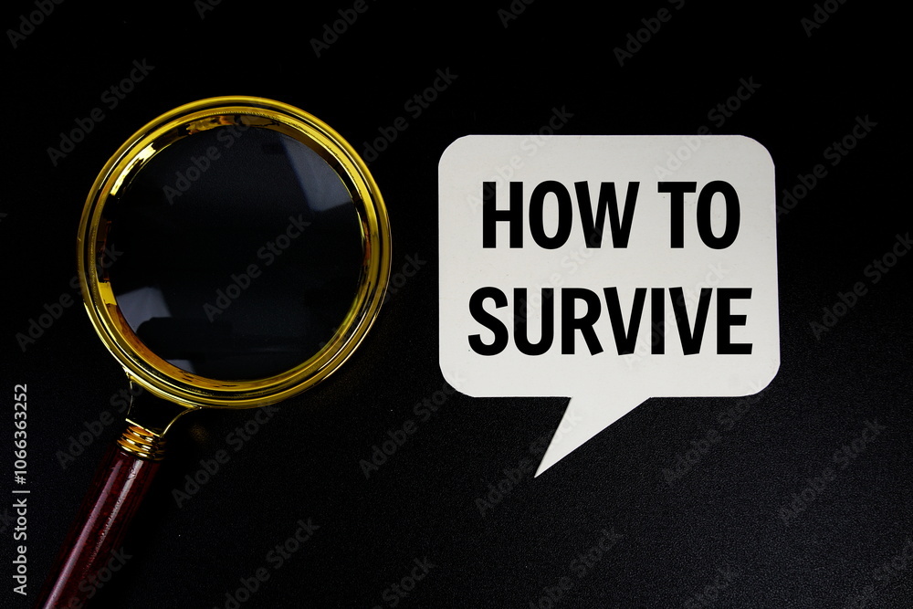 Poster how to survive text on speech bubble with magnifying glass top view on black background