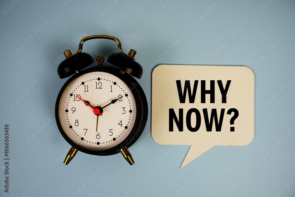 Aufkleber why now? text on speech bubble with alarm clock top view on blue background