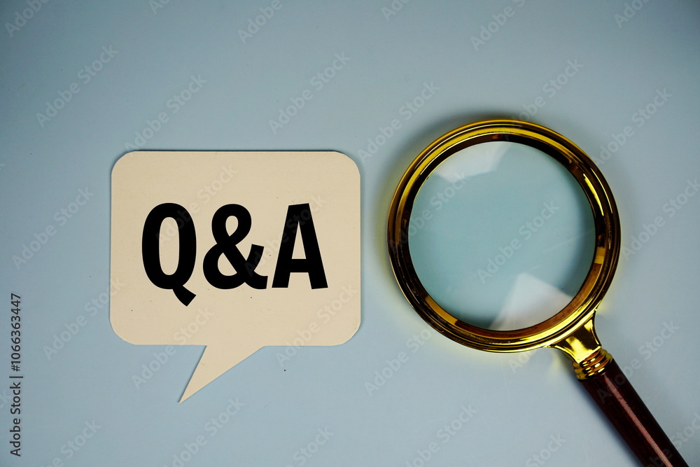 Poster q&a (question and answer) text on speech bubble with alarm clock top view on blue background
