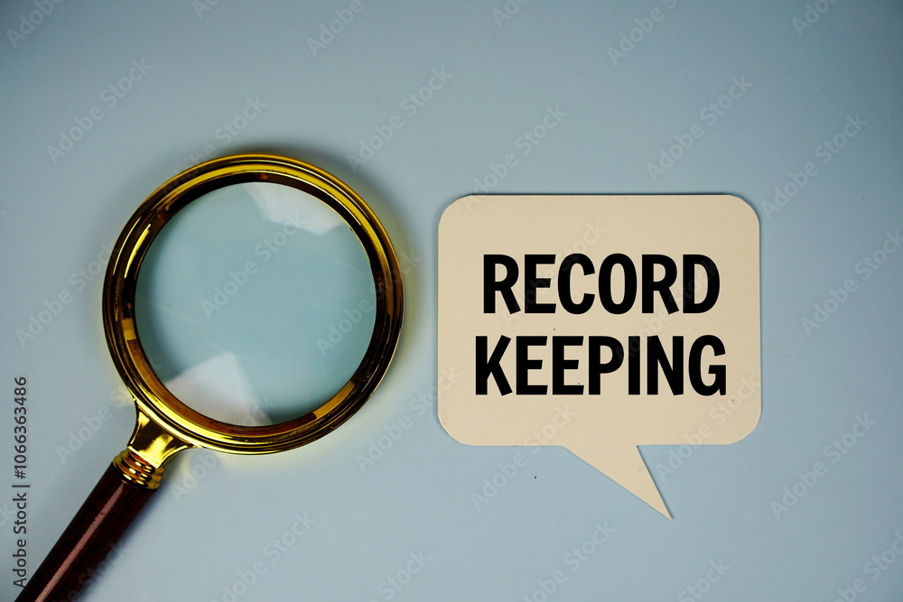 Poster record keping text on speech bubble with alarm clock top view on blue background