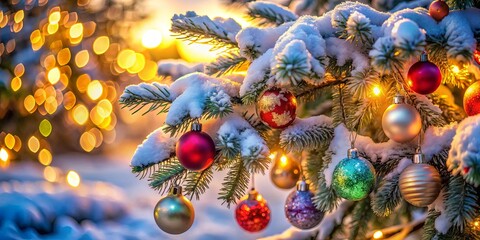 Winter Wonderland A Delicate Frosting of Snow Adorns a Festive Evergreen Branch Adorned with Sparkling Ornaments and Twinkling Lights