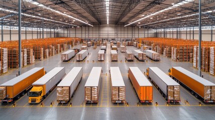 A vast warehouse filled with neatly organized trucks and cargo containers, showcasing a hub of logistics and distribution activities.