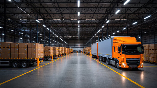 A spacious warehouse showcasing orange delivery trucks and stacked cardboard boxes, emphasizing logistics and supply chain efficiency.