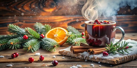 A steaming mug of spiced beverage with cinnamon sticks, a slice of citrus, and festive greenery on a wood surface, embodying the warmth and cheer of the holiday season.