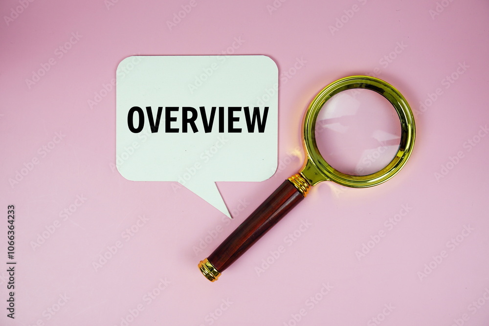 Aufkleber overview text on speech bubble with magnifying glass top view on pink background