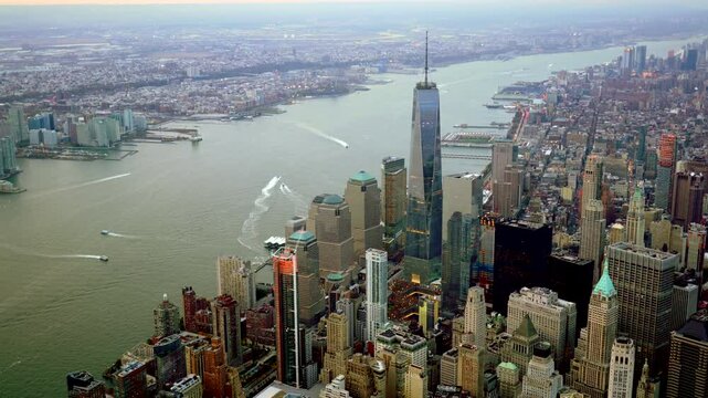 Aerial View of Manhattan, New York City with Iconic Skyscrapers and Hudson River